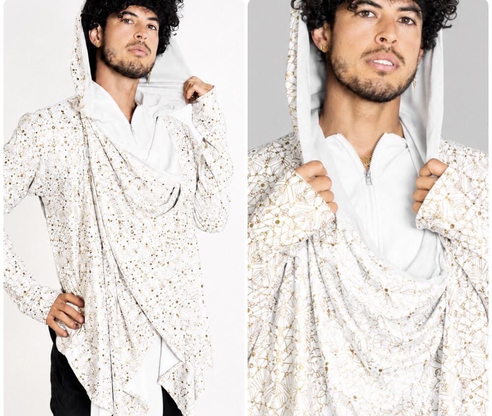 Kayo Anime Kamikaze Hooded Front Zip Wrap Jacket White Gold Geometric Size L